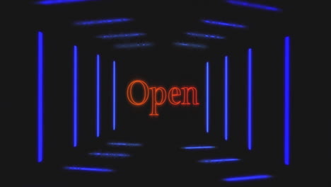 animation of open text over neon stripes on black background