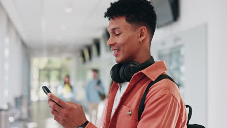 Phone,-funny-and-student-with-man-at-college