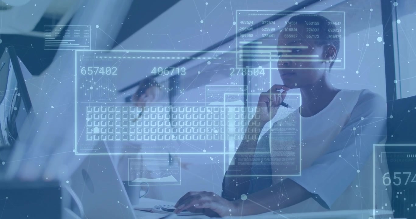 Woman typing laptop in office activating holographic data panels updating codes business analysis