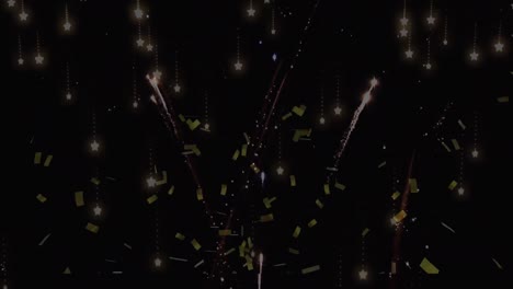 Animation-of-fireworks-and-confetti-on-black-background