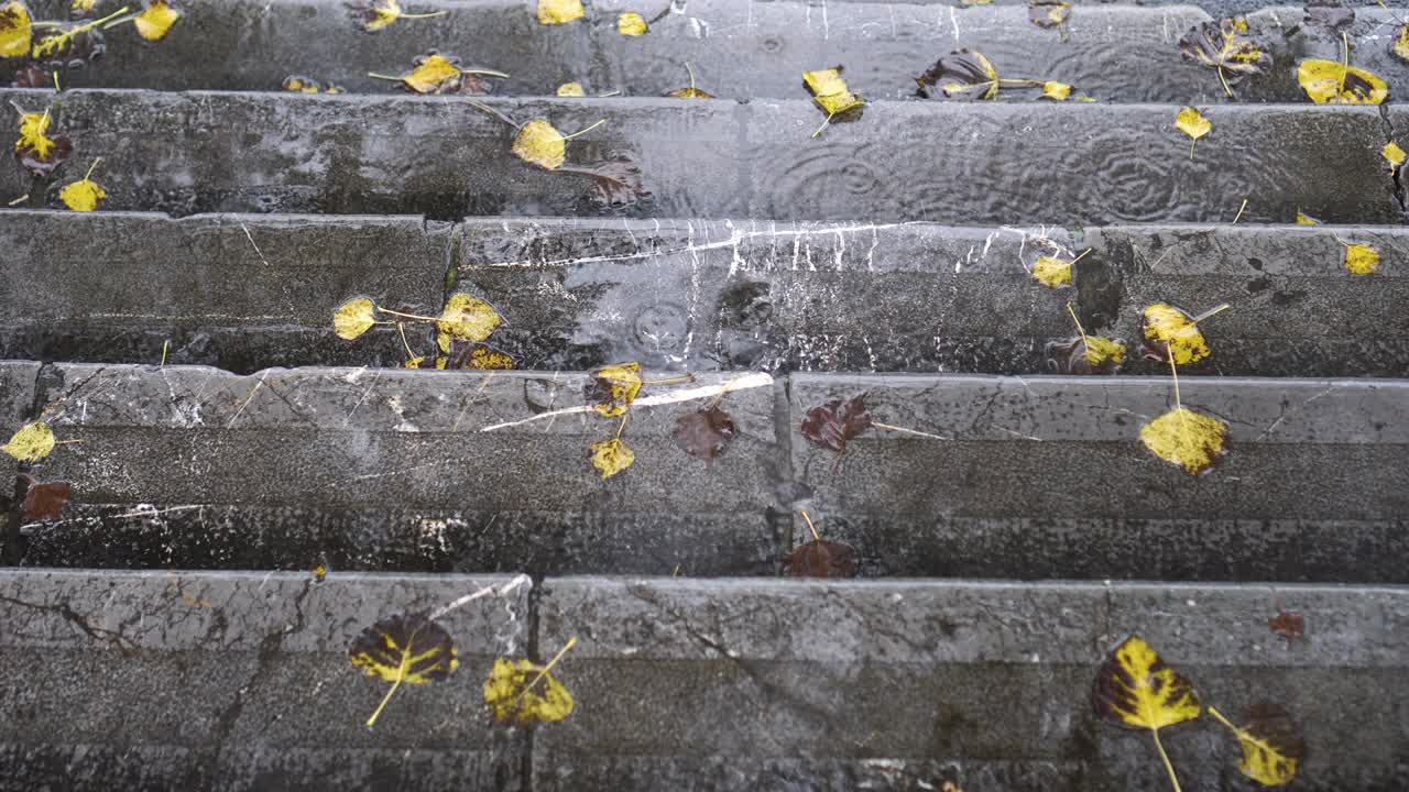 Drops of rain fall in the autumn month on a stone staircase in a puddle with yellow foliage