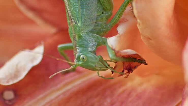 A close-up shot of a green great grasshopper head eating an orange blossoming flower