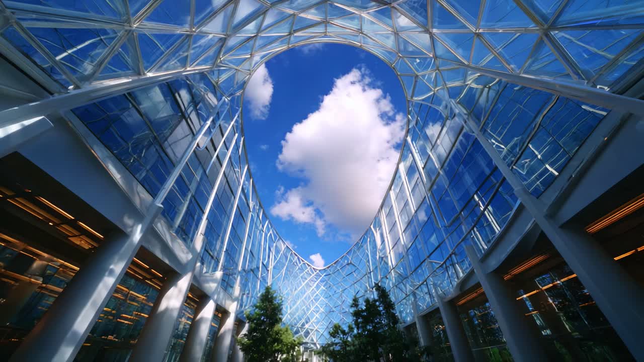 A Stunning Architectural Marvel: Exploring the Glass Canopy of a Modern Urban Space with Expansive Skies and Lush Greenery that Evokes a Sense of Tranquility and Inspiration