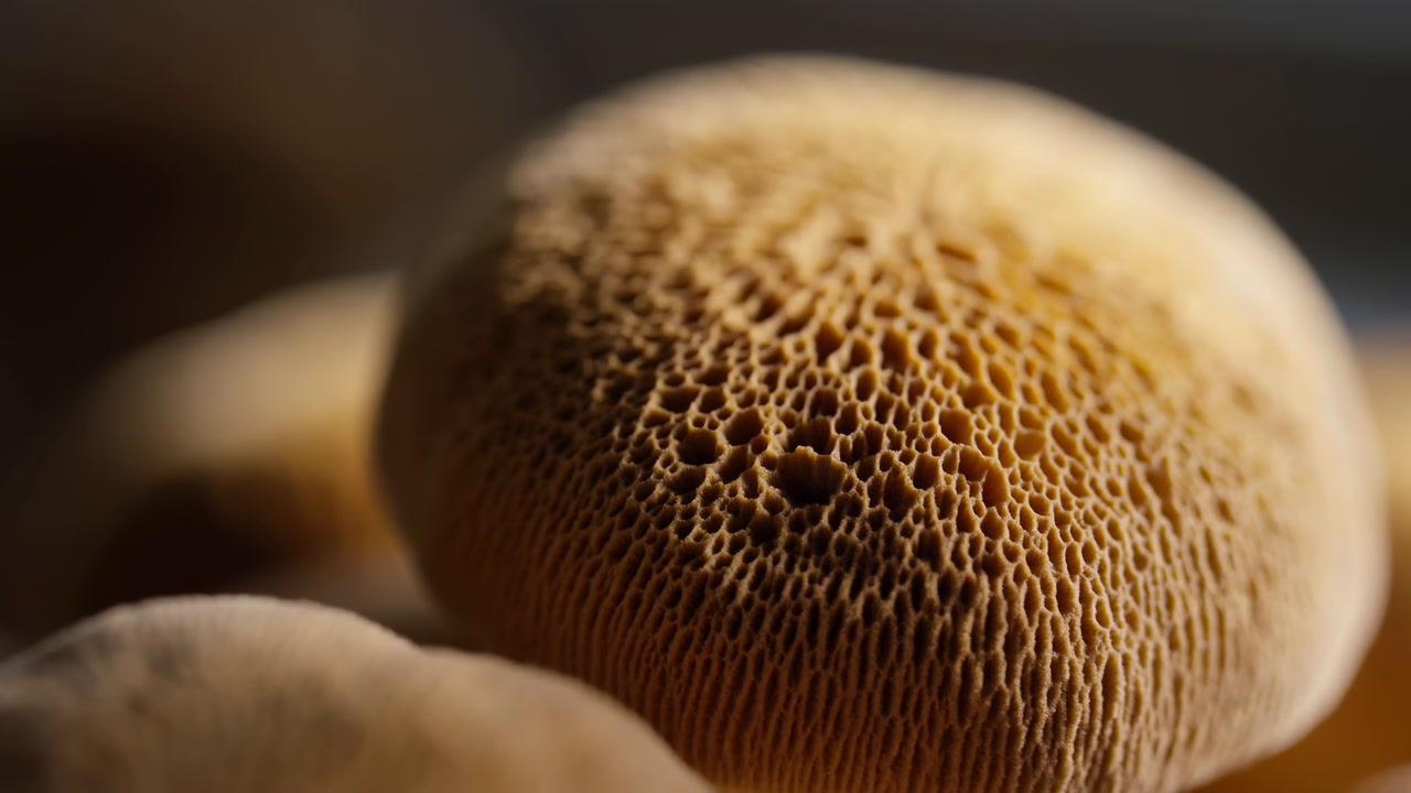 Close Up Macro Puffball Mushroom Cap Honeycomb Pores, Warm Low Key Lighting, Shallow Depth Of Field, Soft