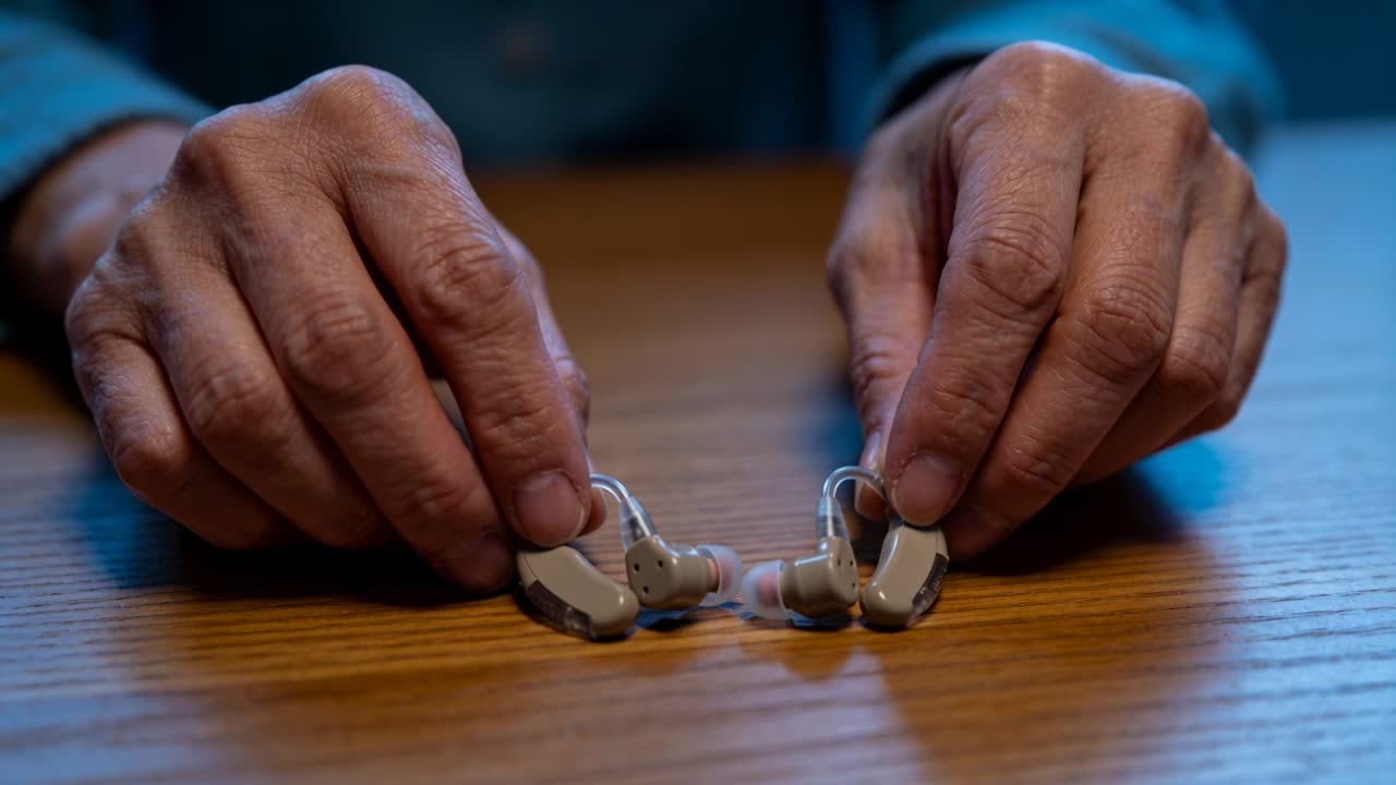 Entering frame, senior man's teal-cuffed hands aligning hearing aids on wood table, pairing devices