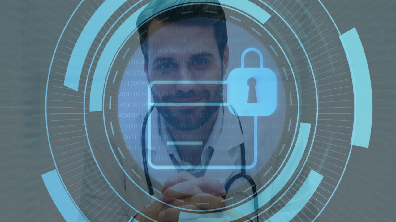 Doctor smiling with digital security lock and folder overlay animation