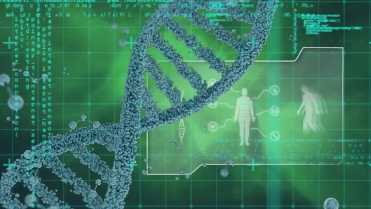 Animation of data processing on screen over 3d dna strand spinning