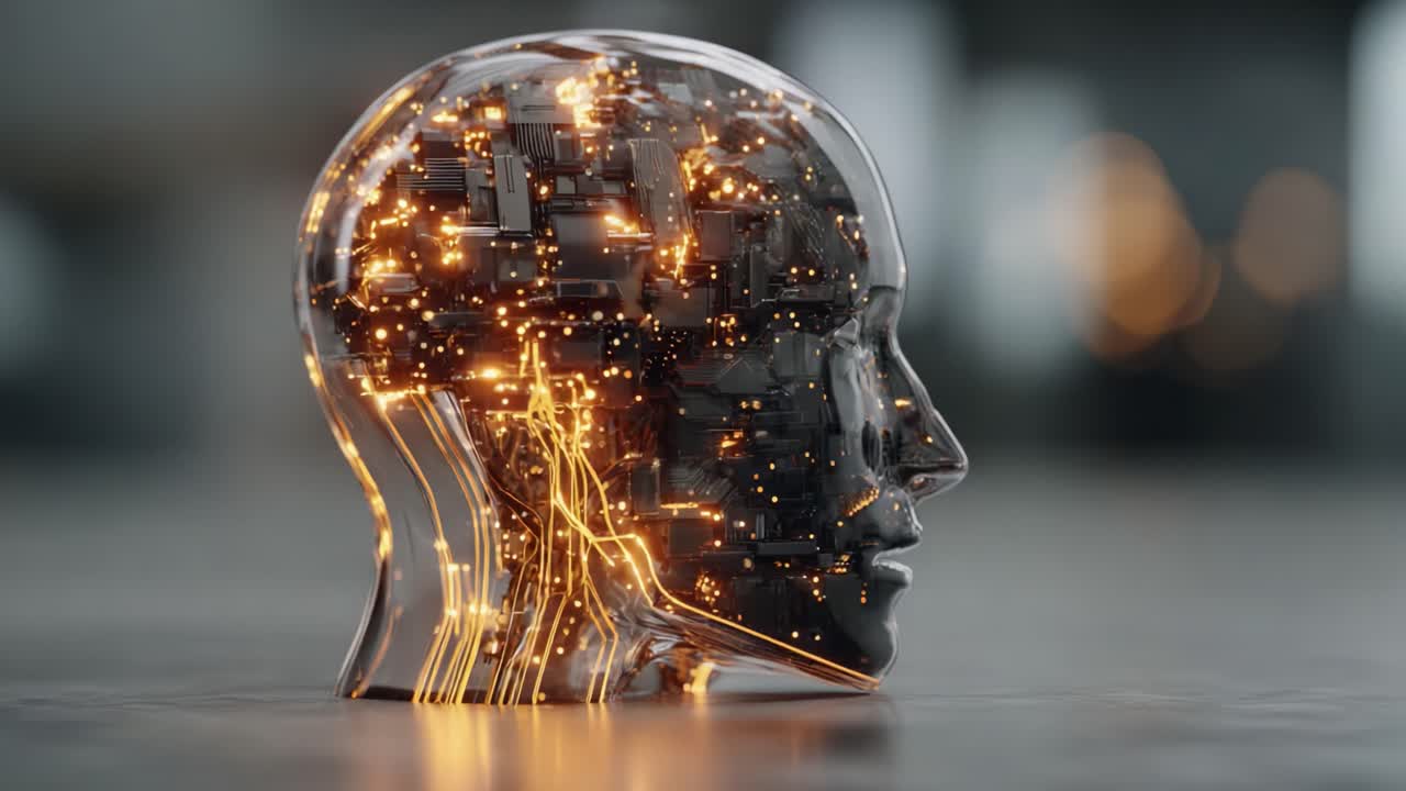 A Captivating Glimpse into the Future: An Artistic Representation of a Transparent Human Head Filled with Glowing Circuits and Data, Symbolizing AI and Technological Progress