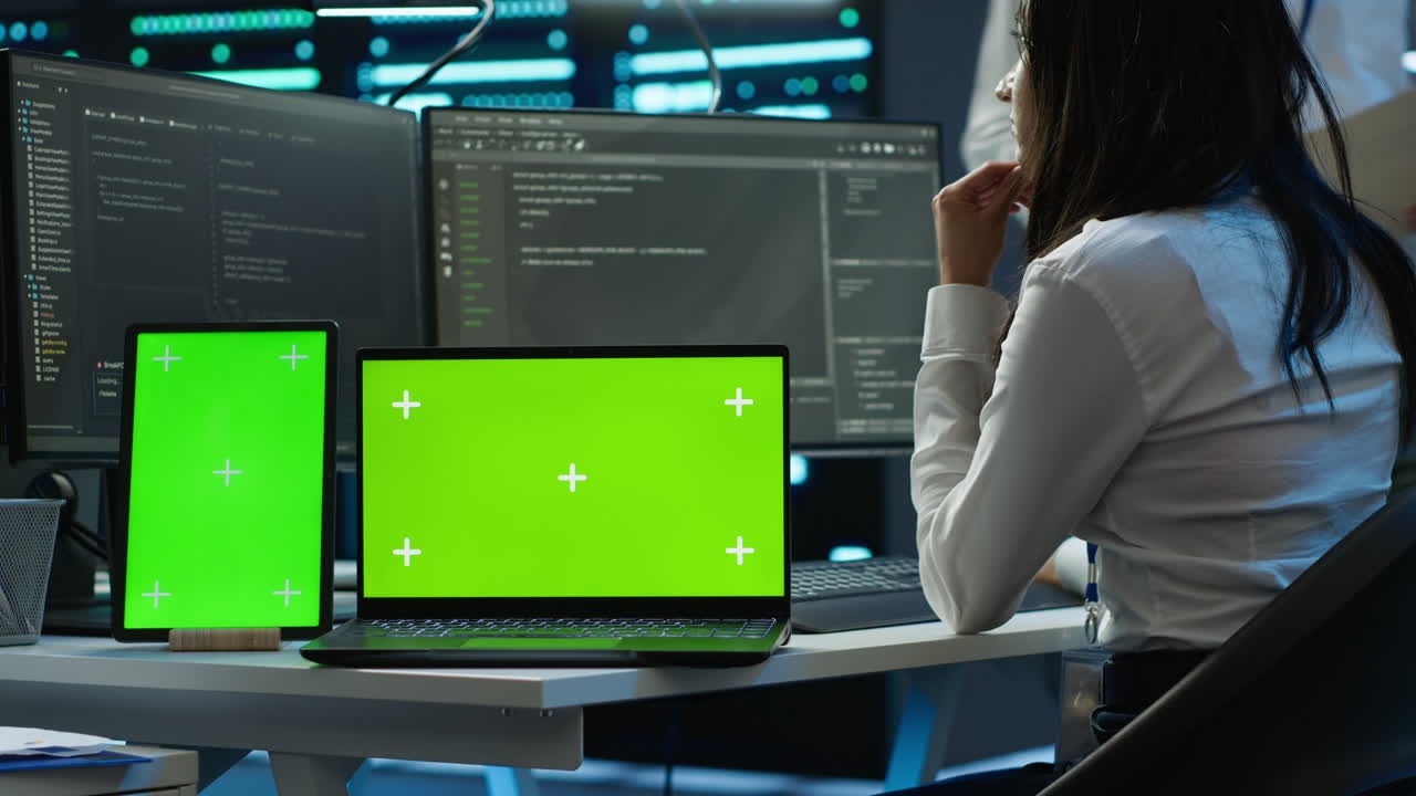 ingenieros en el centro de datos monitorean las amenazas de seguridad utilizando dispositivos de clave de croma