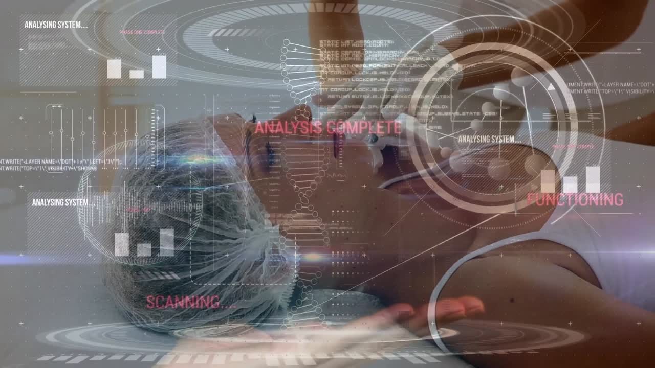 Animation of medical data processing over caucasian woman getting botox treatment on her face