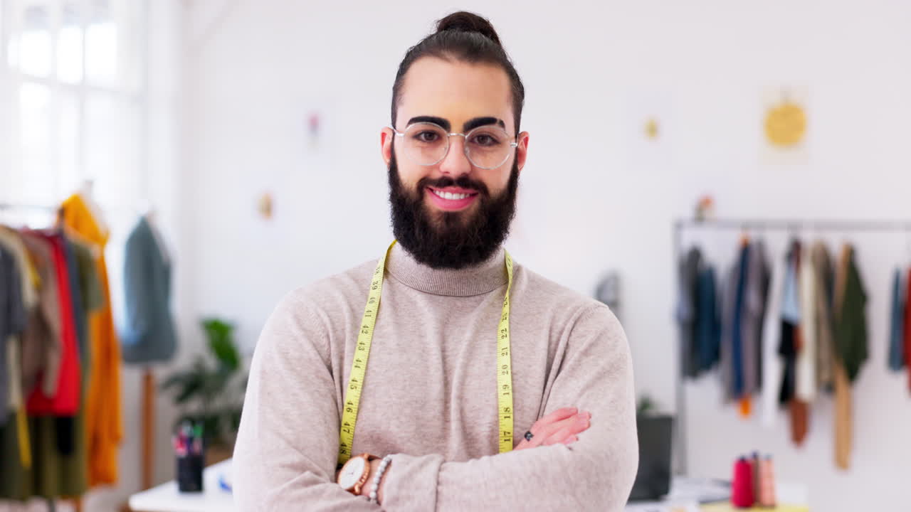 hombre, retrato y diseñador en su estudio de moda