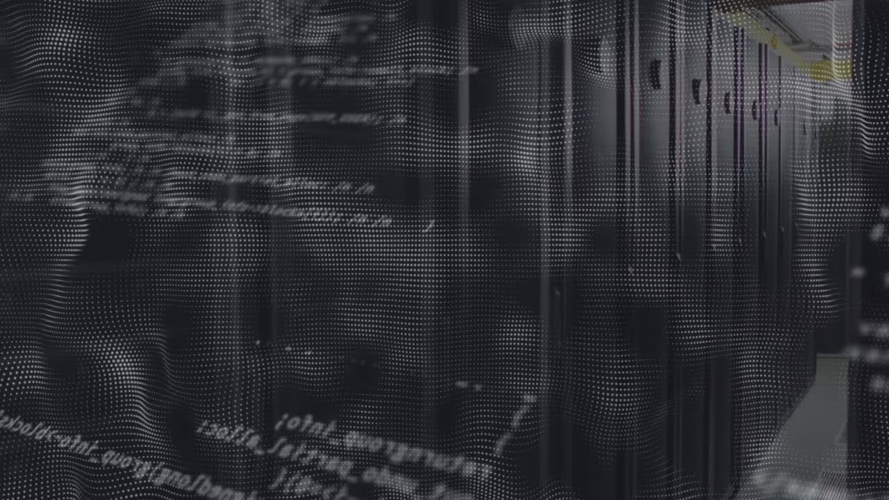 Animation of data processing and white shapes over server room