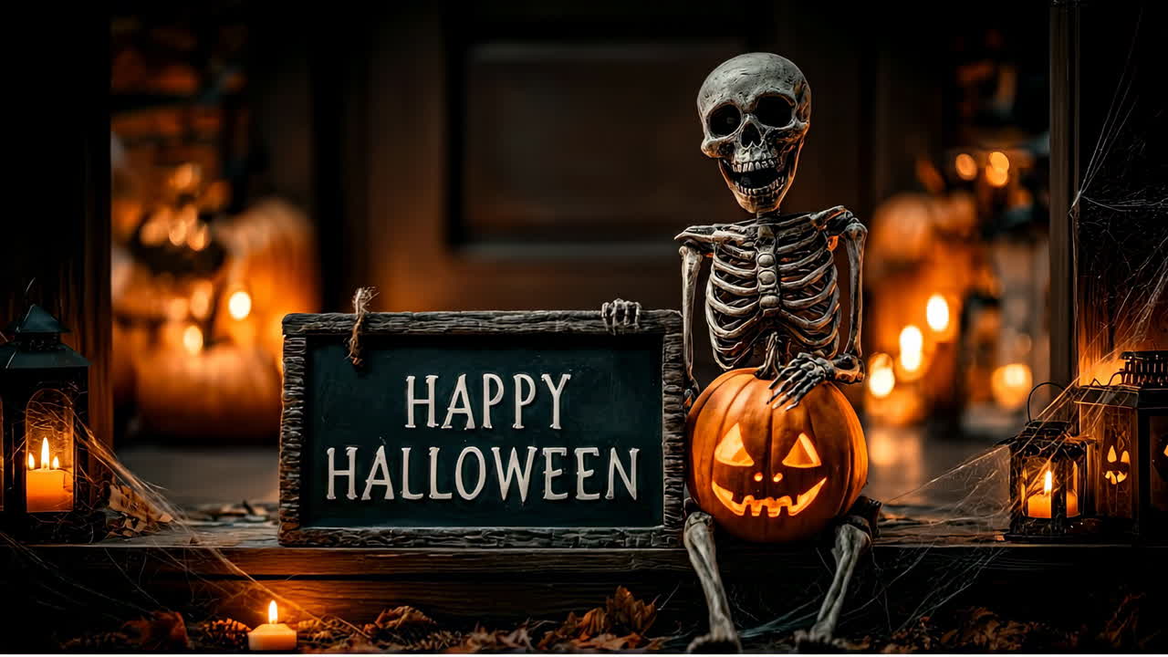 Skeleton with pumpkin and Halloween sign in candlelight. A skeleton sits beside a carved pumpkin holding a Happy Halloween sign, surrounded by warm candlelight and festive decorations