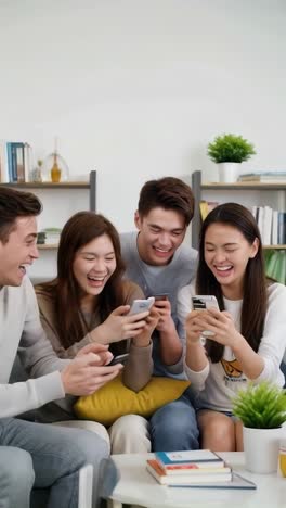 group of friends sitting on a couch and using a mobile phone for social network.