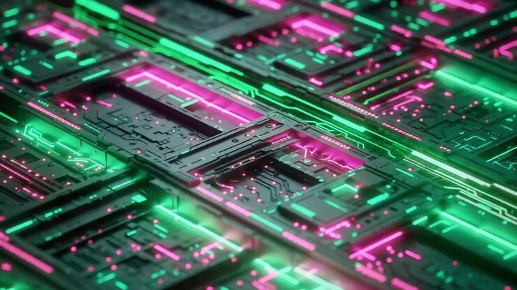 Visualizzazione di un panorama tecnologico futuristico con complessi motivi circuitali e una combinazione di colori neon in un ambiente digitale dinamico