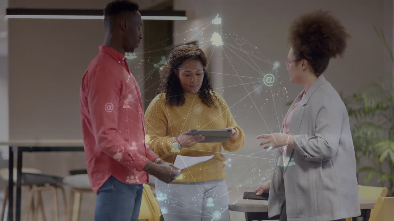 Animation of data processing over diverse business people in office