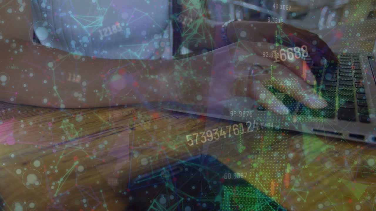 Animation of plexus networks and multiple changing numbers over mid section of woman using laptop