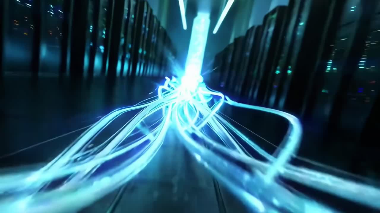 Video dinamico con angolazione dal basso di fibre ottiche blu luminose, che crea un'atmosfera futuristica e ispirata alla tecnologia.
