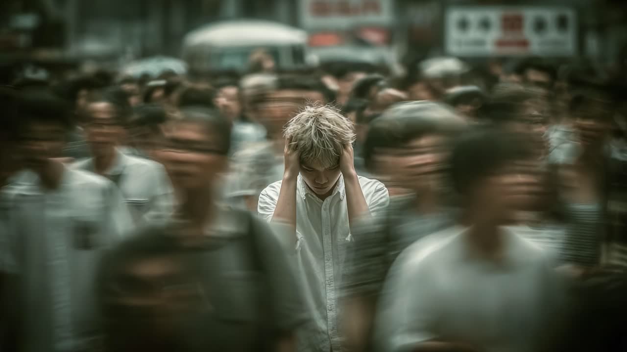孤独な人物が、賑やかな都市環境の中で、顔の見えない人々の海の中に立ち尽くし、圧倒的な感情と葛藤しています。それは、孤立と社会の喧騒との間の葛藤を具現化しています。