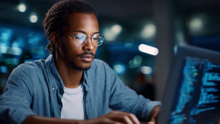 Focused Programmer Working Late at Night, Analyzing Data and Writing Code on Computer Screen in a Modern Office Setup with Soft Ambient Lighting