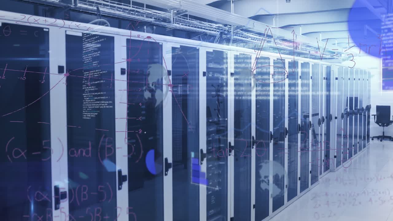 Animation of statistics, mathematical equations and data processing over computer servers