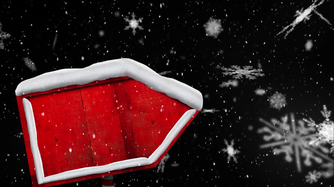 검은색 배경에 눈과 별이 떨어지는 복사 공간과 함께 크리스마스 빨간 표지판의 애니메이션