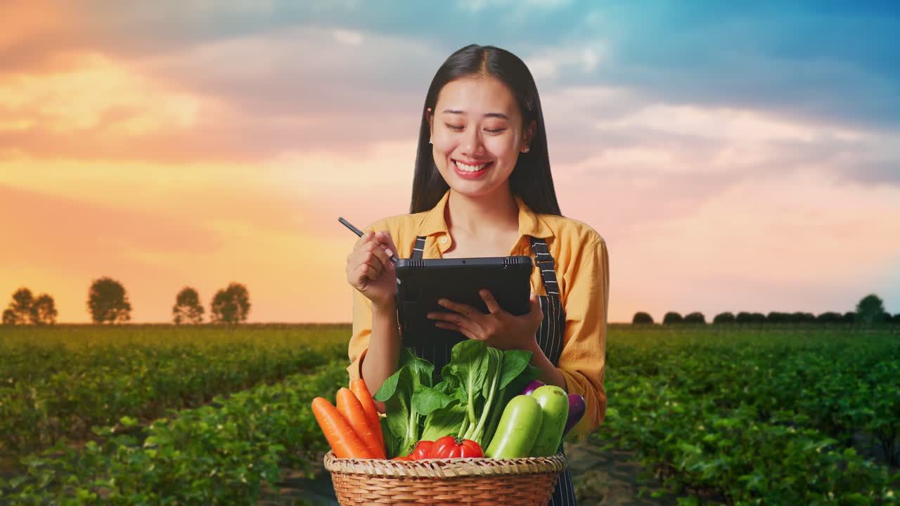 야채 바구니 를 들고 있는 아시아 여성 농부