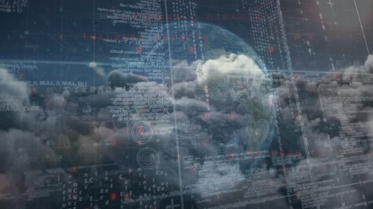 Animation of data processing and globe over sky with clouds
