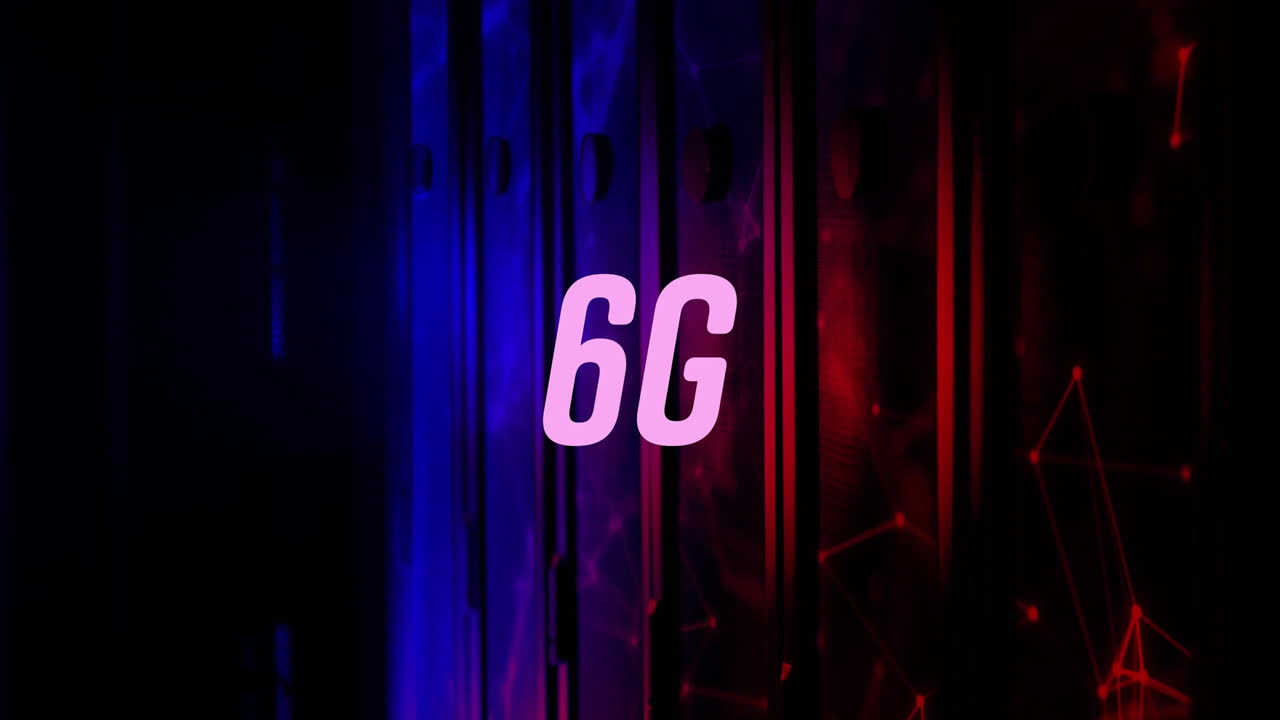Animation of 6G text over digital elements on vibrant blue and red background