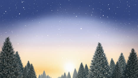 Animation-of-falling-snow-over-trees-on-blue-background