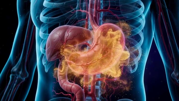 Translucent Male Torso, A White Tablet Dissolving In The Stomach Into Golden Particles
