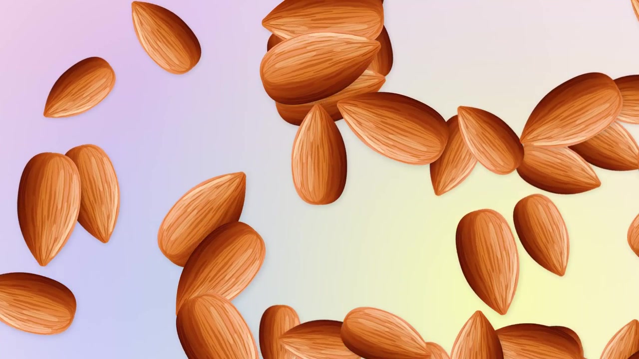 Des amandes entières brunes tombent et roulent sur un fond dégradé doux violet et jaune