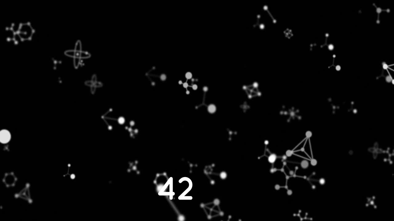 Digital animation of increasing numbers over molecular structures floating against black background