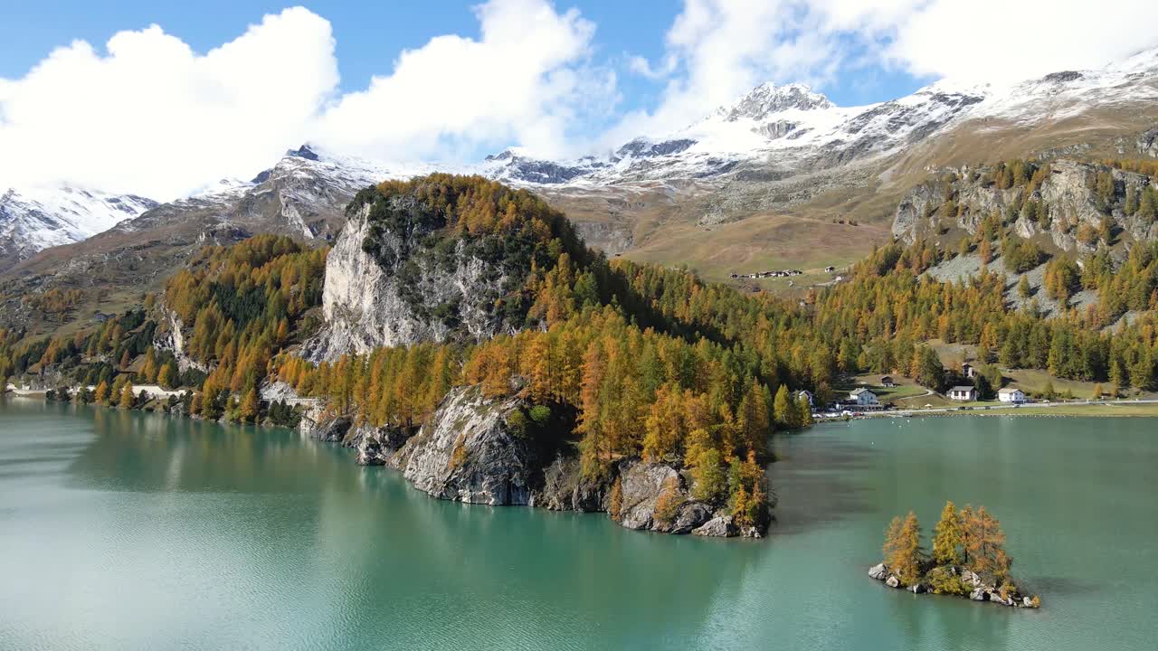 Aerial view of the impressive Lake Sils (Silsersee) in Upper Engadine, Grisons, Switzerlandin Autumn.
