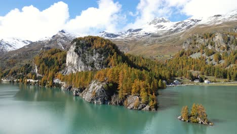 aerial view of the impressive lake sils (silsersee) in upper engadine, grisons, switzerlandin autumn.