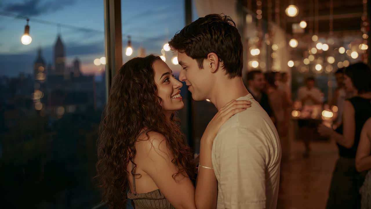 Camera framing close-up, strap-dress woman and man leaning to kiss on rooftop at dusk, skyline