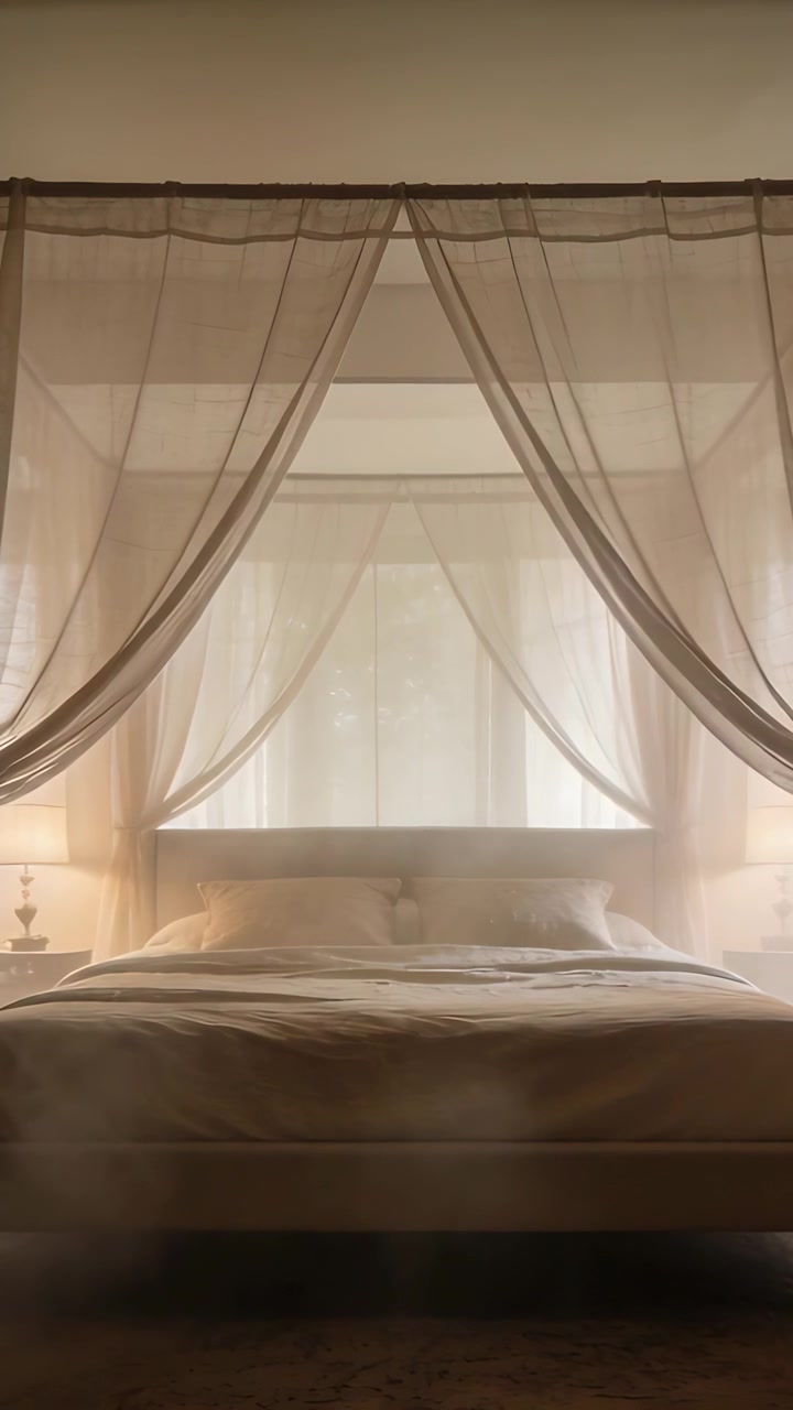 Video verticale: Tende in movimento, foschia che si diffonde dalla finestra su un letto a baldacchino in una camera da letto con lampade