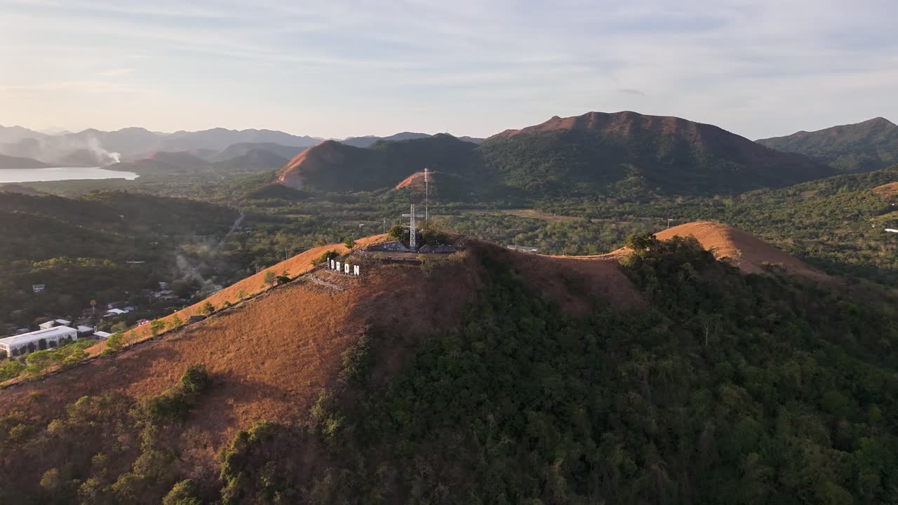 Bird's-eye view of the top of the hills at Coron Town, the sign and the hills at the horizon, Philippines