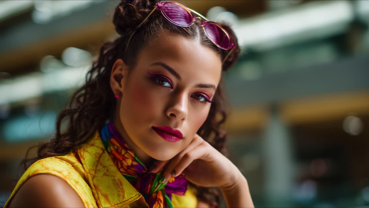 Donna elegante con accessori colorati e trucco d'effetto che sfoggia un look audace in un ambiente moderno, perfettamente immortalata in due splendide immagini