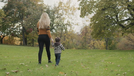 mom and son are walking in the autumn park