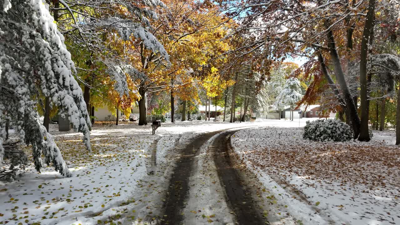 punto de vista de una calle la mañana después de una tormenta de nieve, pista inversa