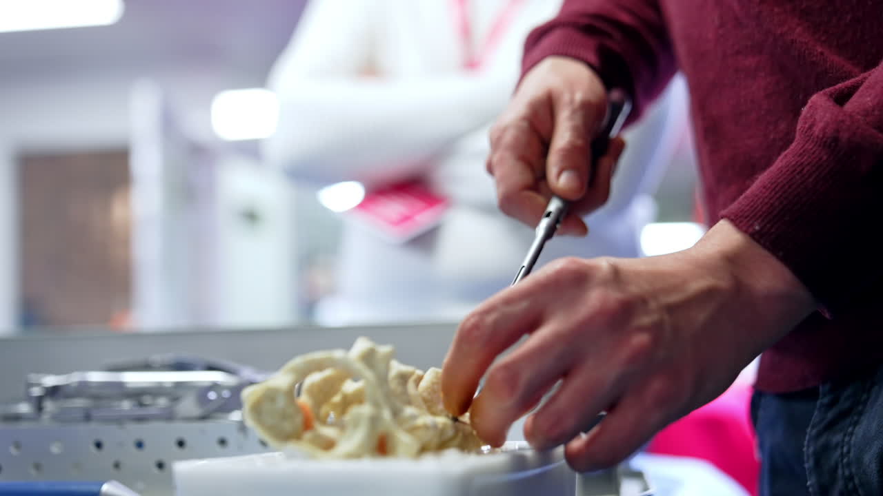 Little metal detail is attached to the spine dummy with the help of the modern tool. Male hands apply neurosurgical instrument at mock-up. Close up.