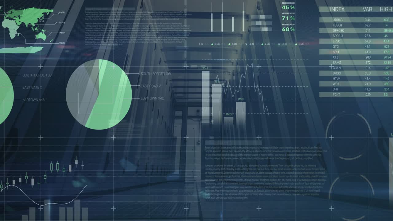 HUD activating, analytics overlay animating corridor, updating gauges, expanding pies to show data