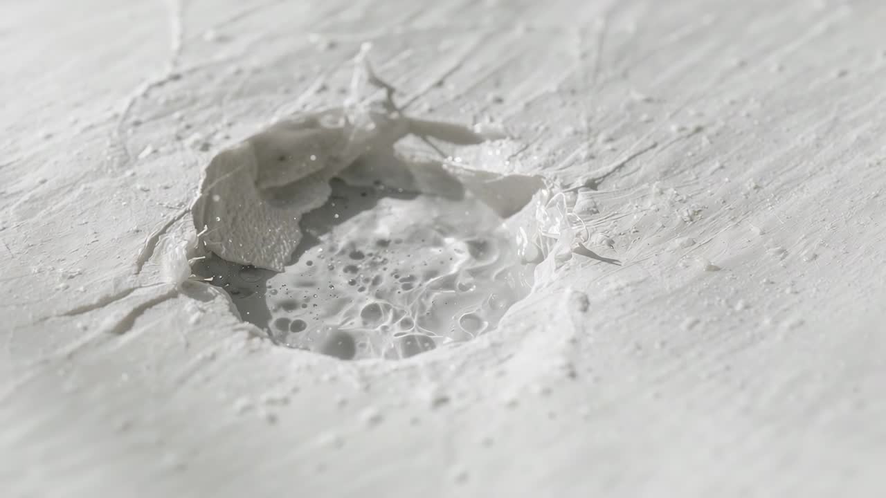 Showing circular crater holding foamy pool causing bubbling and lifting rim flakes on white surface