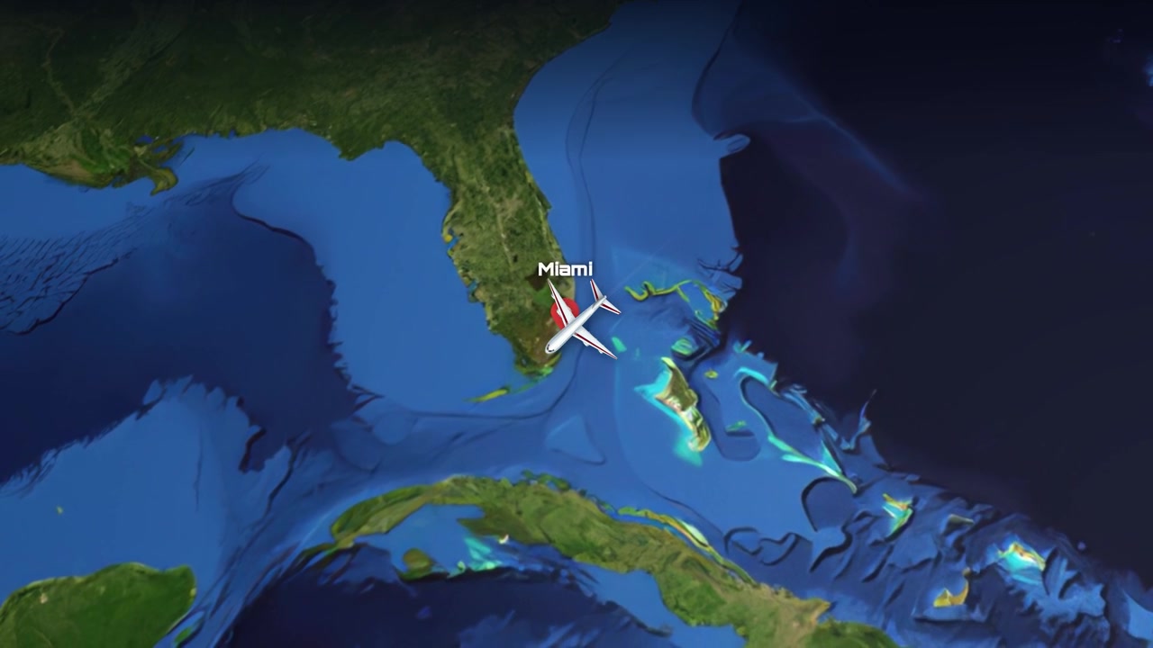 Satellite view animation follows a commercial airplane flying across the Atlantic Ocean to Florida
