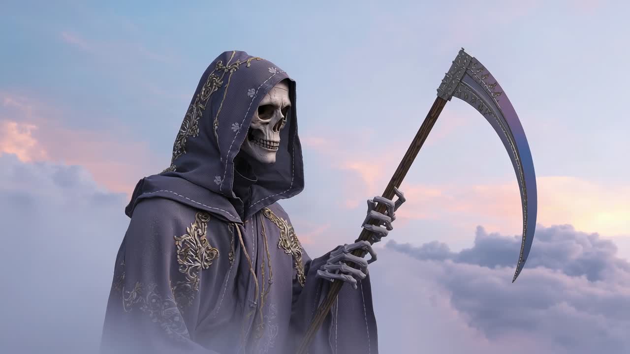 Shifting sunset sky causing scythe blade glinting, grim reaper gripping shaft on clouds, copy space