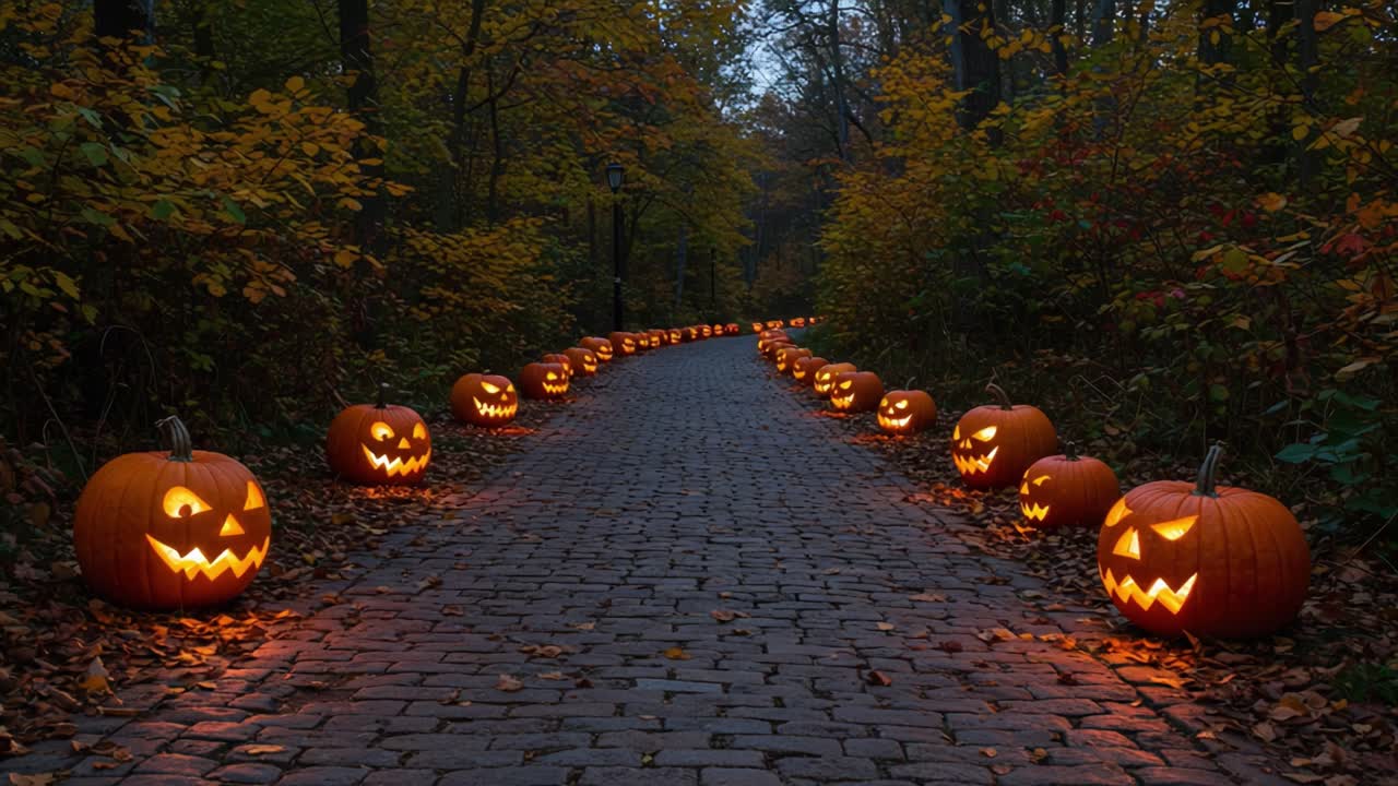 A Spooky Lantern-Lit Pathway: Jack-o'-Lanterns Illuminate a Charming Autumn Scene, Creating a Festive Atmosphere Perfect for Halloween Celebrations and Adventures