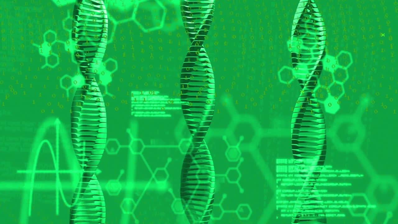 cadenas de adn y formas hexagonales, animación de procesamiento de datos científicos