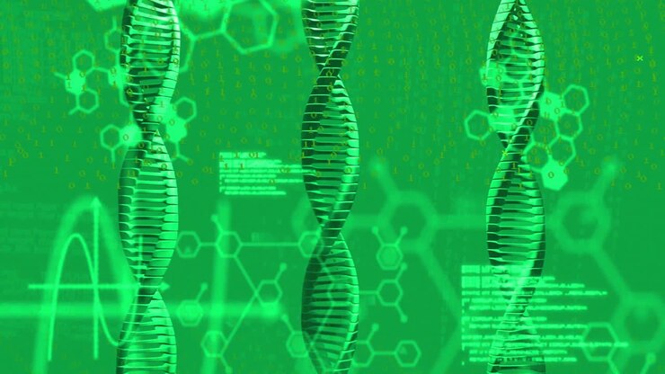 DNA strands and hexagonal shapes, scientific data processing animation