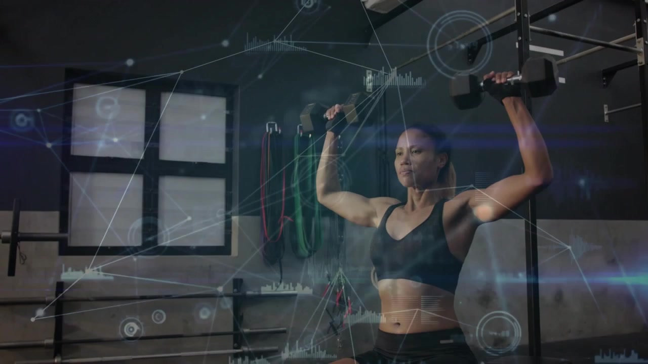 Woman trainee starting press and pressing dumbbells overhead for fitness while HUD overlay tracking